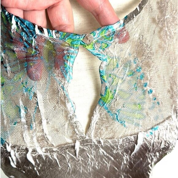 Komarov Signature Crinkle Shiny Dress Butterfly Print Fit & Flare Cap Sleeves L - Picture 5 of 15